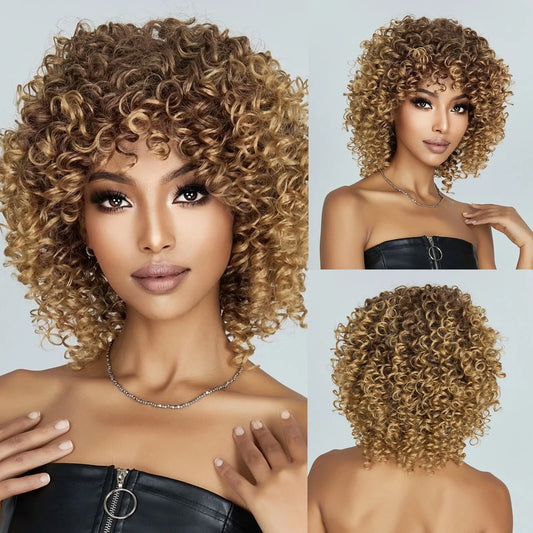 Brown Blonde Curly Hair Synthetic Wigs for Women Short Short Kinky Curly Hair Afro Wigs Glueless Cosplay Hair